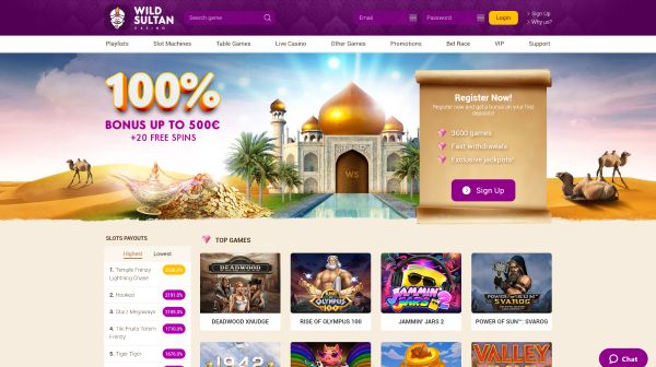 Interface du site Wild Sultan Casino