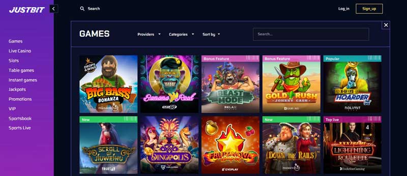 Screenshot van Justbit Casino interface