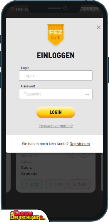 Schermata del login Fezbet Casino