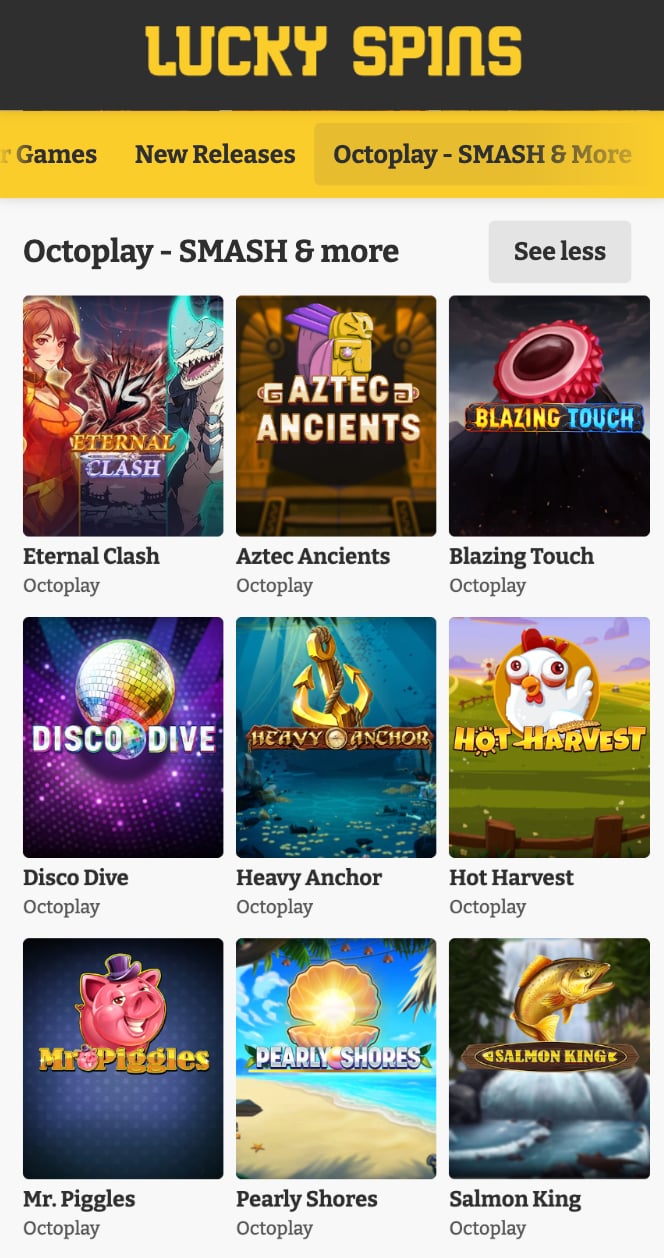 Skjermbilde av Lucky Spins Casino med spillgrensesnitt