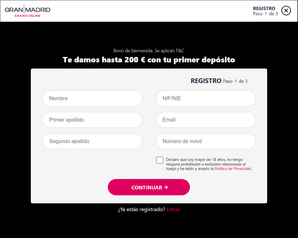 Captura de pantalla del proceso de registro en Gran Casino Madrid Online