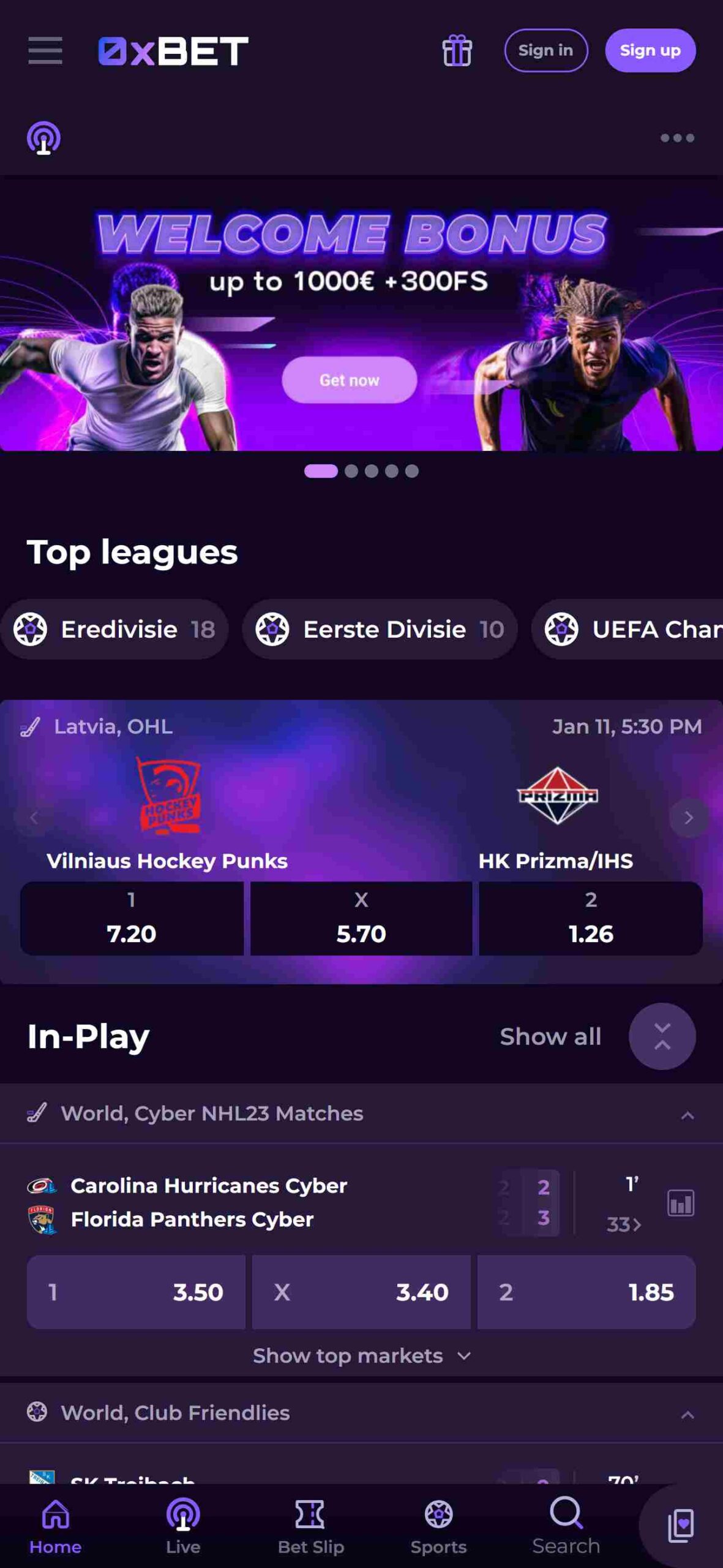 Schermafbeelding van de 0xbet mobiele app op een telefoon