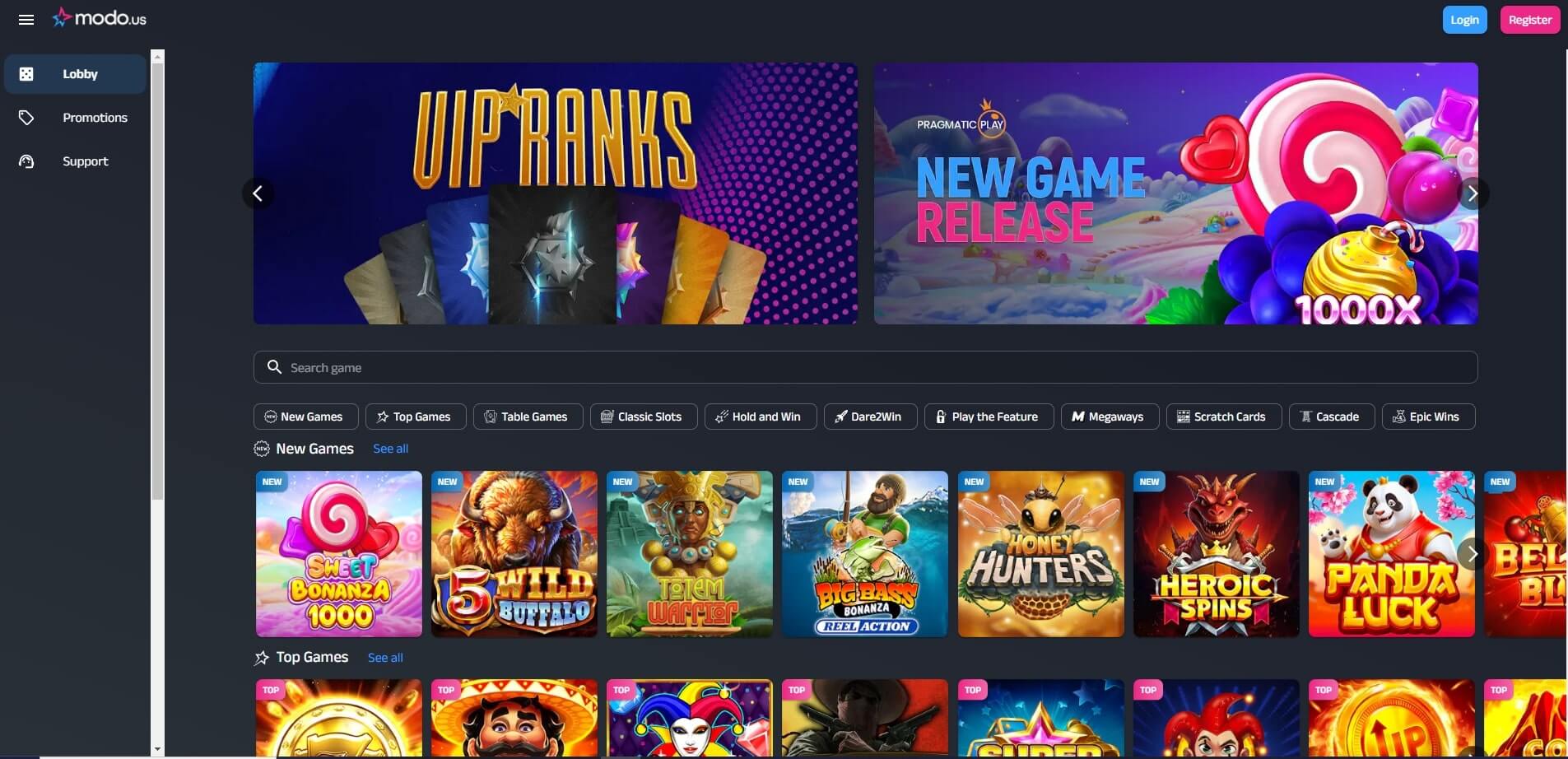 Interface de jeu SG Casino