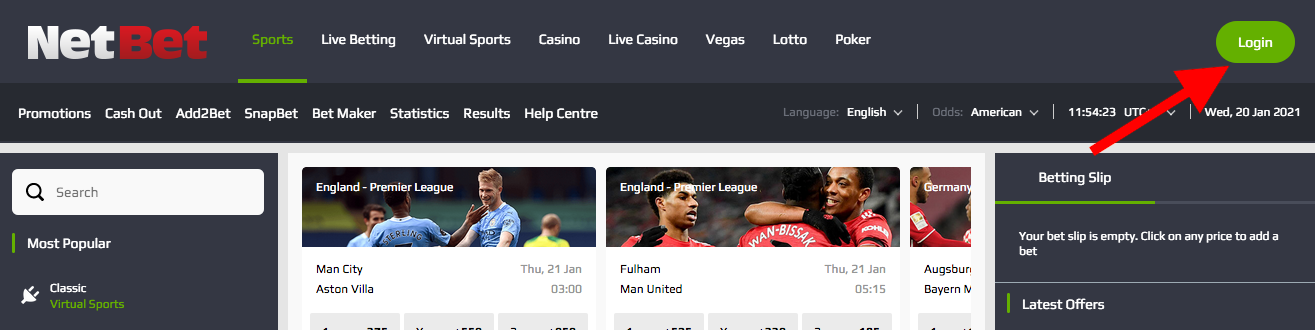 Schermata di login di NetBet