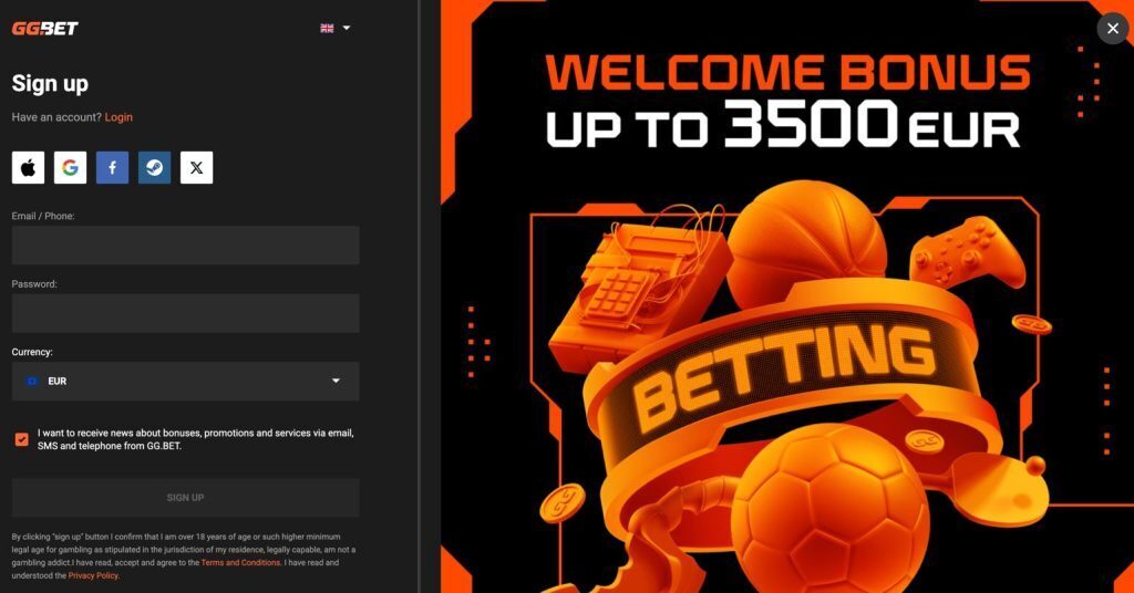 Ggbet app registrační obrazovka s ukázkou UI a bonusovými políčky