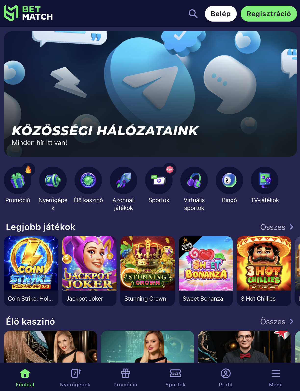 Betmatch casino kezelőfelület és játékválaszték