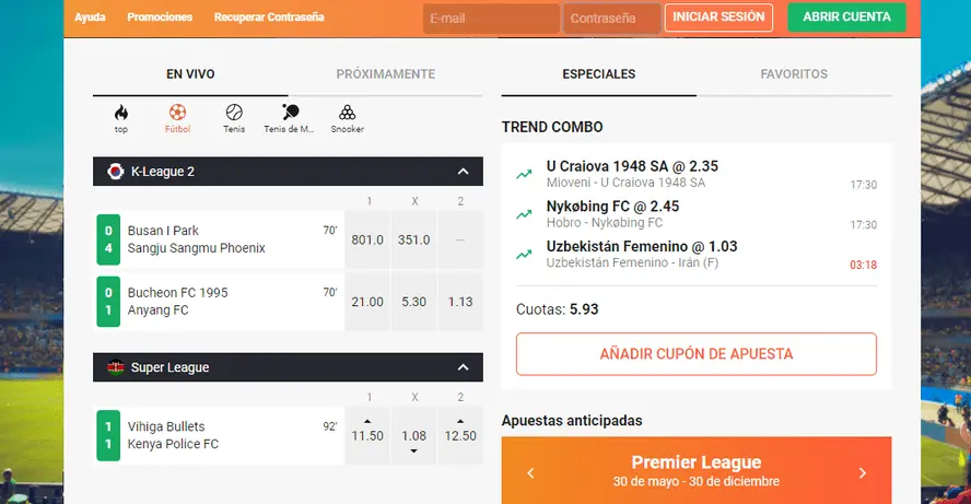Pannello di scommesse Leovegas Sport
